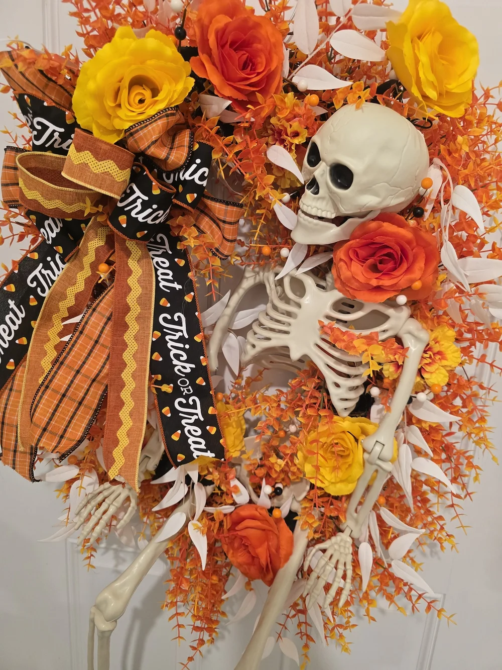 Halloween Skeleton Wreath with Orange & Yellow Flowers Candy Corn